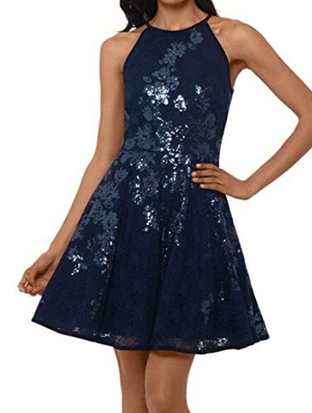 Xscape Sequin Halter Mini Dress 12 Navy Blue Semi Formal Event Cocktail Glam